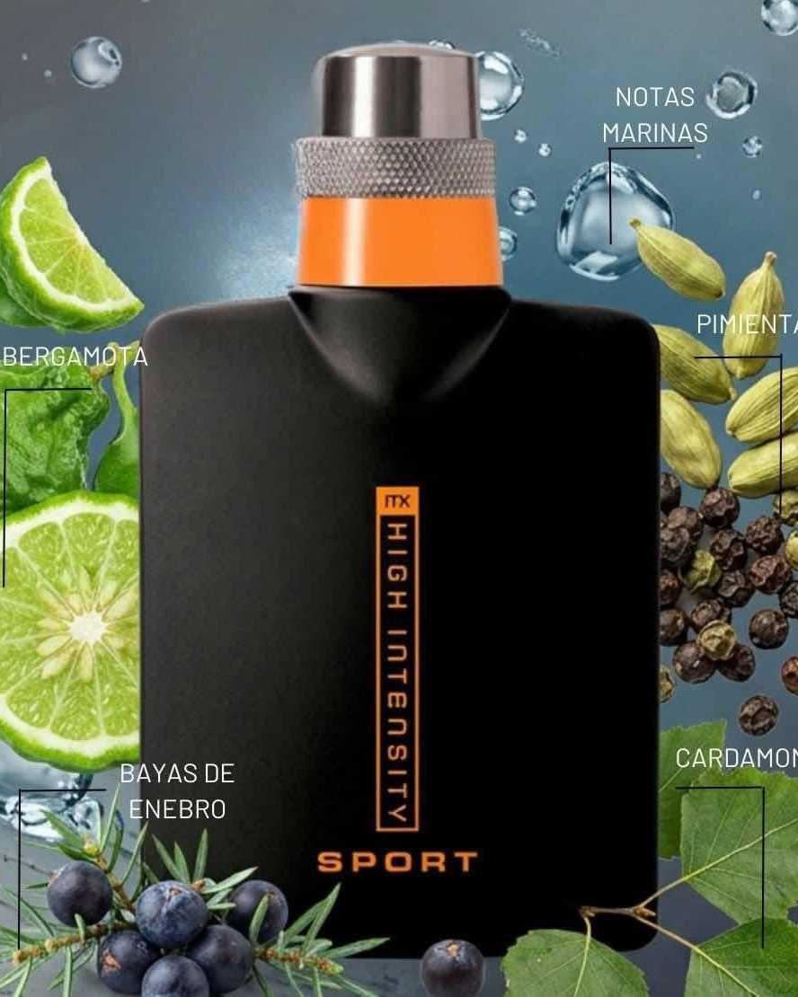 Matte black cologne flask with an orange collar and metal cap, surrounded by citrus and spices