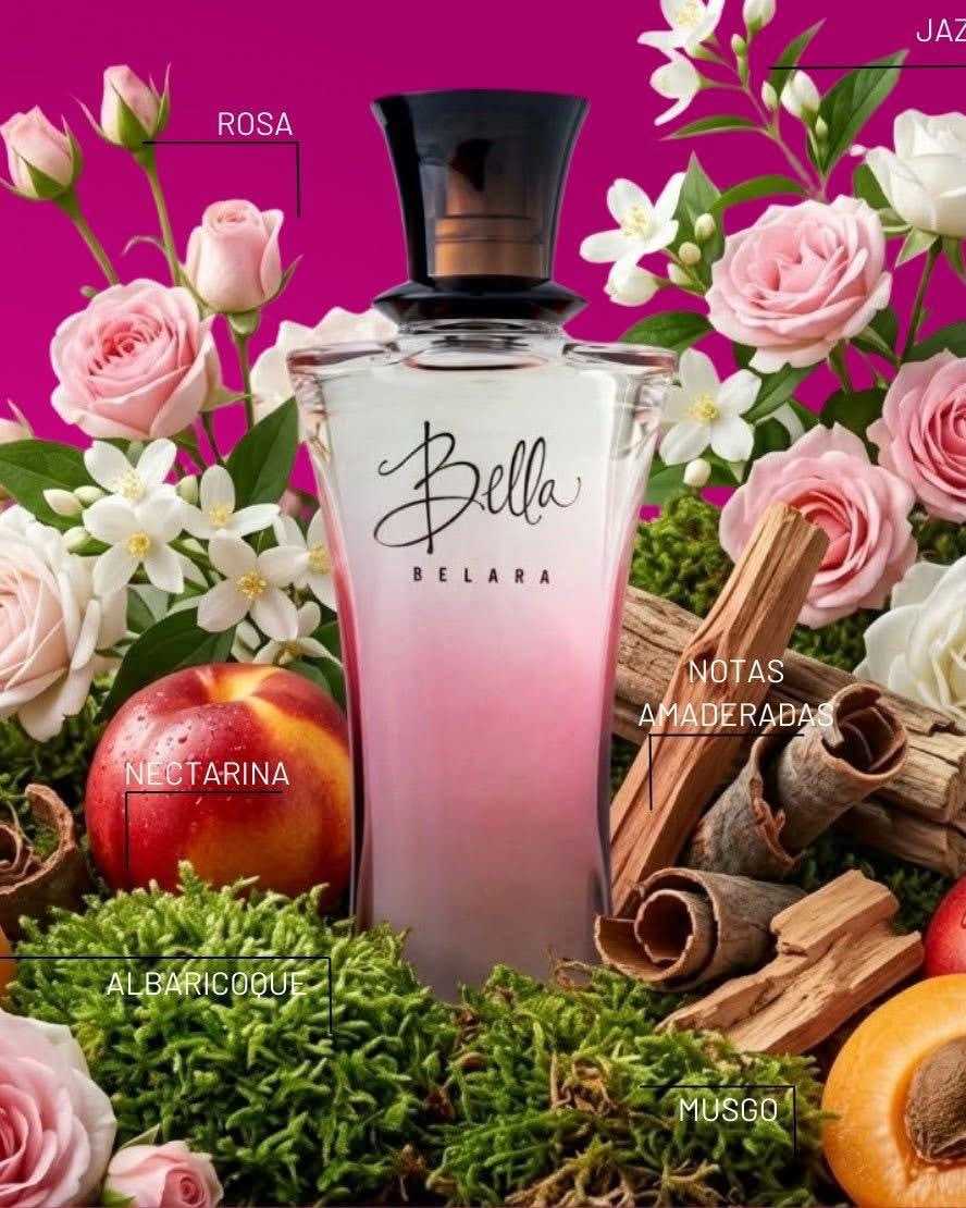 Hourglass perfume bottle fading from clear to pink with a black cap, surrounded by roses